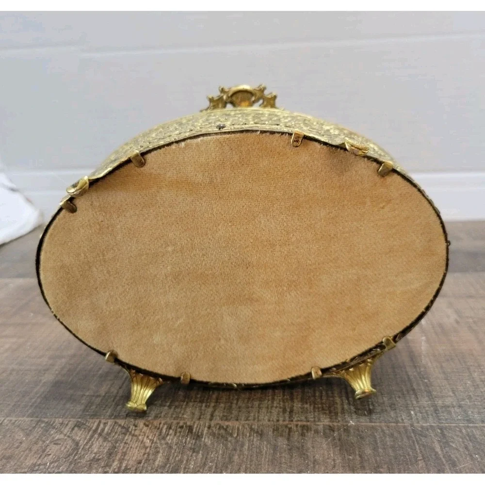 VTG Globe Oval 24kt Gold Plate Filigree Ormolu Jewelry Casket